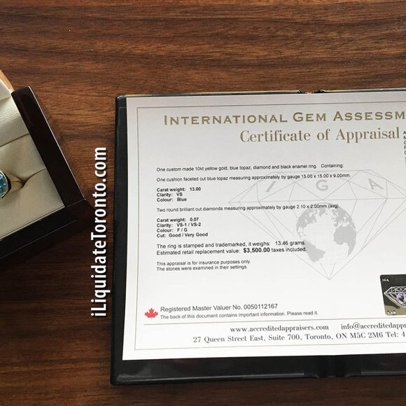 NWOT Custom Made Men's 10K YG Cushion Faceted Blue Topaz, Enamel & Diamond Ring - Picture 13 of 14